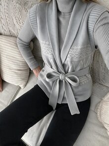 Omancia Retro Elegant Geometric Pattern Shawl Collar Lace Up Women's Knitted Cardigan, Office Back To School Outfit, Women's Autumn Outfit. - Grey - View 5
