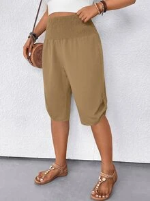 EMERY ROSE Women's Casual Slimming Shirred Waist VersatileBermuda Shorts - Mocha Brown - View 5
