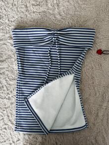 SuriyaCove 女款夏季休閒海濱風性感條紋抹胸上衣，海灘穿搭，海軍藍與白色 - 彩色 - 查看 6