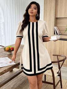 Weeklong Plus Size Women's Casual Vacation Round Neck Puff Sleeve A-Line Short Dress, Spring/Summer - Apricot - View 3