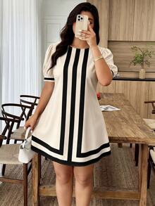 Weeklong Plus Size Women's Casual Vacation Round Neck Puff Sleeve A-Line Short Dress, Spring/Summer - Apricot - View 4