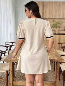 Weeklong Plus Size Women's Casual Vacation Round Neck Puff Sleeve A-Line Short Dress, Spring/Summer - Apricot - View 2