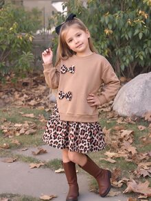 Young Girl Dress With Brown Sweatshirt Fabric And Leopard-Print PanelingFall/Winter Style. Simple And Comfortable, Perfect For . - Brown - View 3