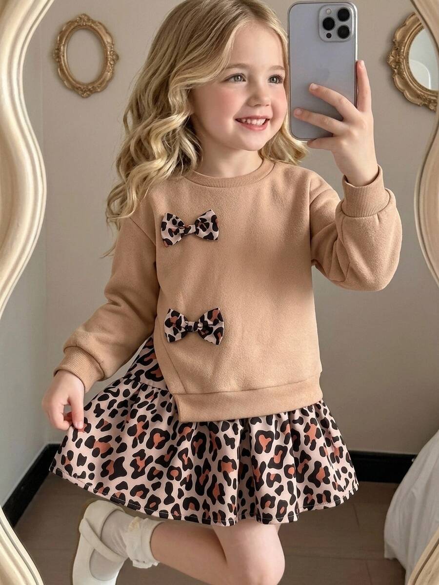 Young Girl Dress With Brown Sweatshirt Fabric And Leopard-Print PanelingFall/Winter Style. Simple And Comfortable, Perfect For . - Brown - View 1