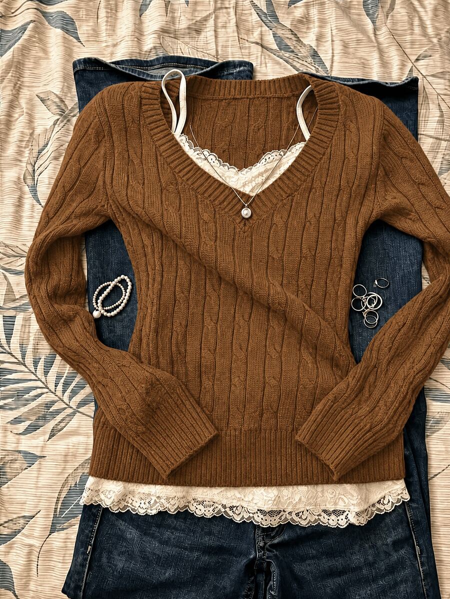 IslaSuriya This Brown Retro-Chic V-Neck Fitted Knit Sweater Is Perfect For Everyday Commuting, School, And Street Style. - Khaki - View 1