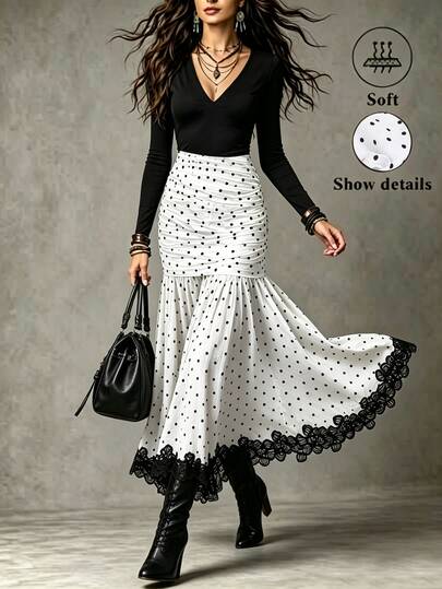 Elyressa Women's Polka Dot Ruched Waist Gathered Lace Trim Mermaid Skirt, Bodycon Chiffon Pleated Patchwork Flared Skirt, French Vintage Black & White Gentle Style, Elegant Commute Daily Vacation Autumn/Winter Versatile New Arrival