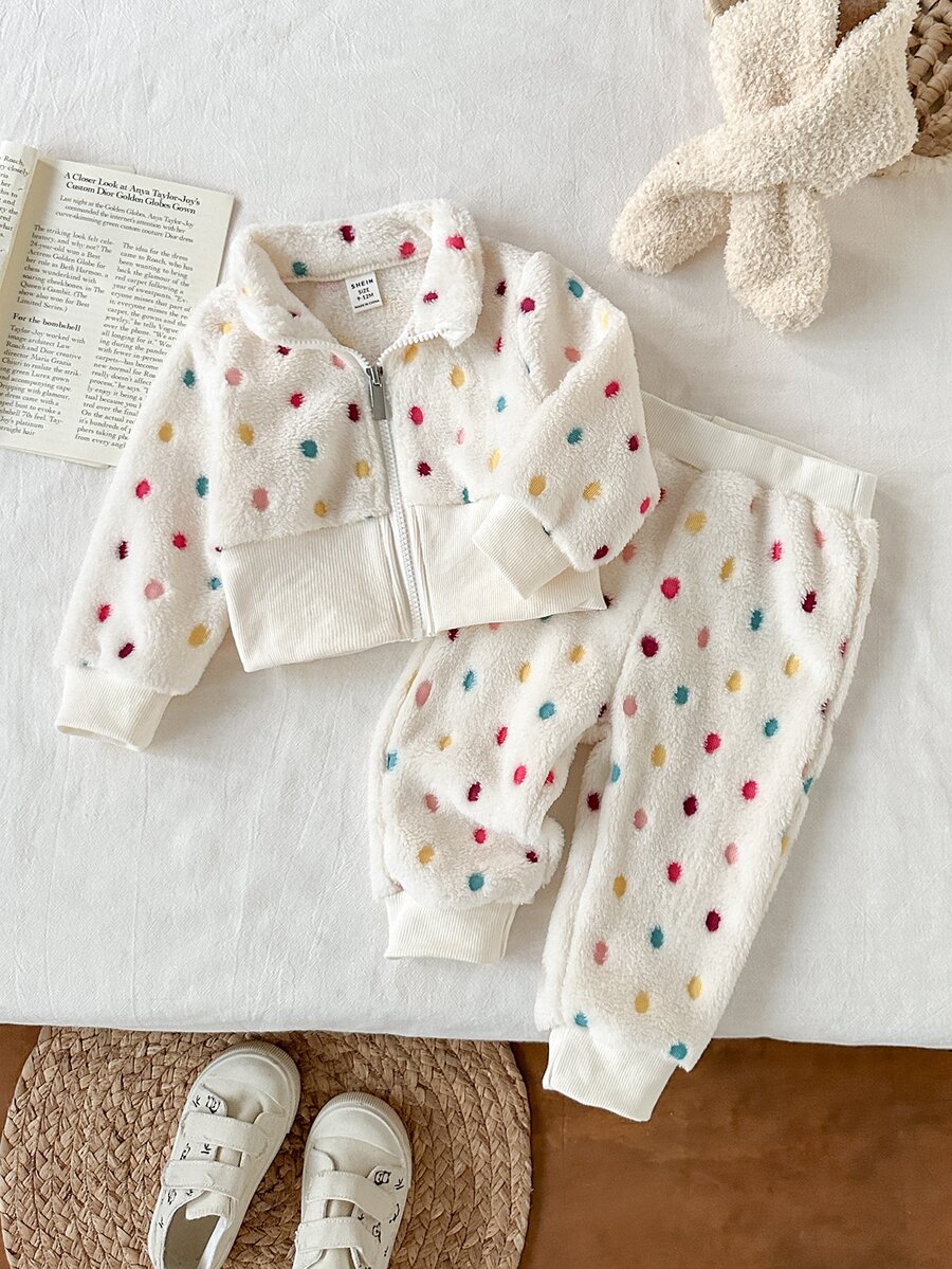 SHEIN 6Months-9Years Baby Fall Outfits For Girl 2pcs/Set Casual Style Polka Dot Fleece Coat &Pants Winter - Multicolor - View 1