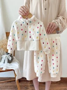 SHEIN 6Months-9Years Baby Fall Outfits For Girl 2pcs/Set Casual Style Polka Dot Fleece Coat &Pants Winter - Multicolor - View 3