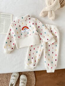SHEIN 6Months-9Years Baby Fall Outfits For Girl 2pcs/Set Casual Style Polka Dot Fleece Coat &Pants Winter - Multicolor - View 2