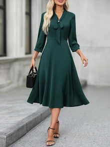 EMERY ROSE Tie Neck Roll Tab Sleeve A-Line Dress - Green - View 5