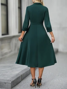 EMERY ROSE Tie Neck Roll Tab Sleeve A-Line Dress - Green - View 2