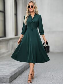 EMERY ROSE Tie Neck Roll Tab Sleeve A-Line Dress - Green - View 7