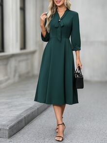 EMERY ROSE Tie Neck Roll Tab Sleeve A-Line Dress - Green - View 3