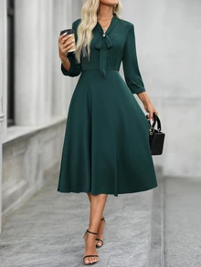 EMERY ROSE Tie Neck Roll Tab Sleeve A-Line Dress - Green - View 8