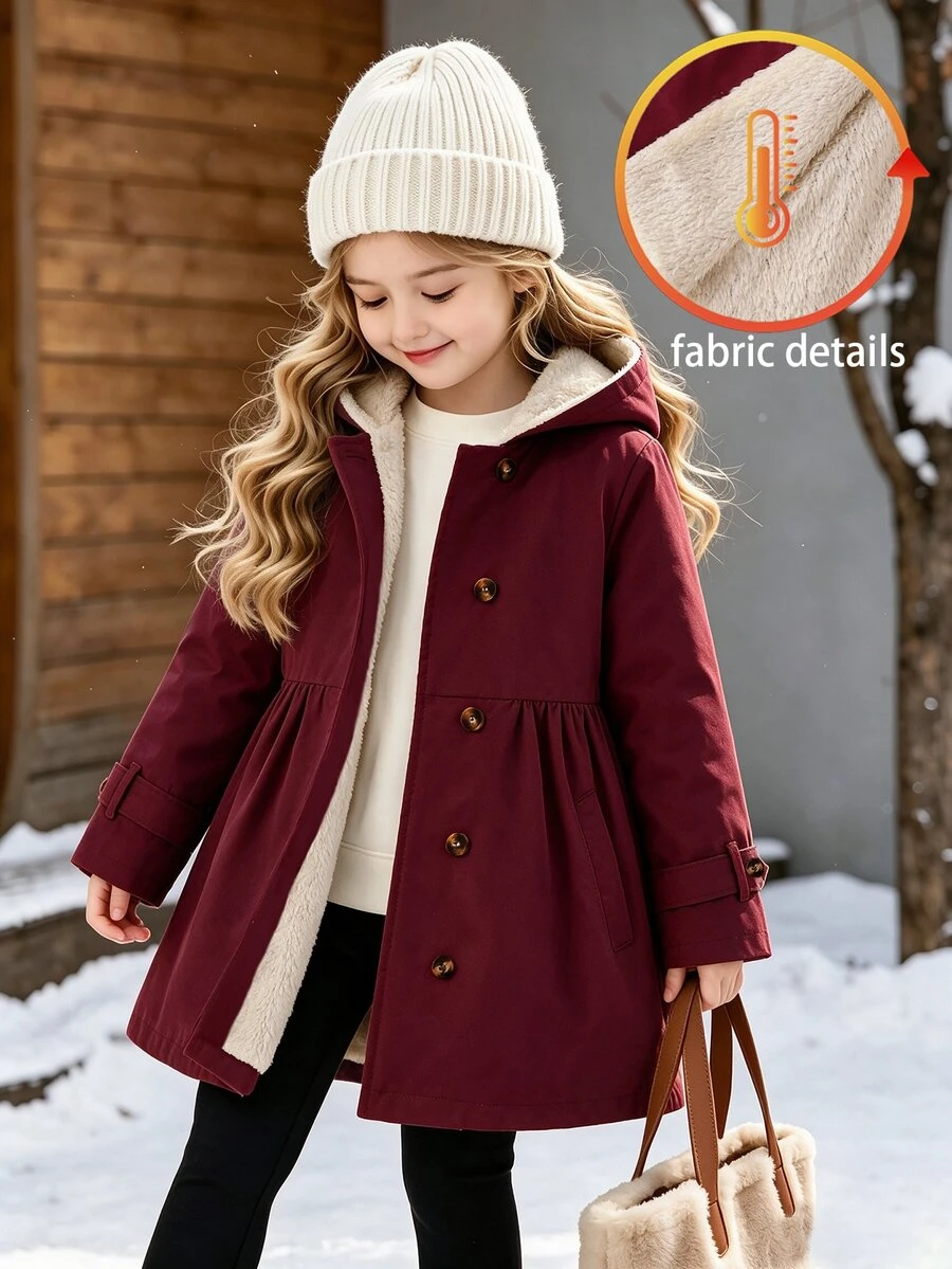 SHEIN Elladie kids 女童冬季外套,酒紅色,保暖內裡,連帽,雙排扣,時尚夾克,適合休閒日常穿著 - 酒紅色 - 查看 1