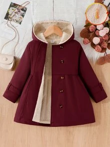 SHEIN Elladie kids 女童冬季外套，酒紅色，保暖內裡，連帽，雙排扣，時尚夾克，適合休閒日常穿著 - 酒紅色 - 查看 5