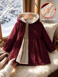 SHEIN Elladie kids 女童冬季外套，酒紅色，保暖內裡，連帽，雙排扣，時尚夾克，適合休閒日常穿著 - 酒紅色 - 查看 3