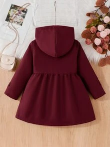 SHEIN Elladie kids 女童冬季外套，酒紅色，保暖內裡，連帽，雙排扣，時尚夾克，適合休閒日常穿著 - 酒紅色 - 查看 2