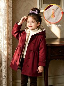 SHEIN Elladie kids 女童冬季外套，酒紅色，保暖內裡，連帽，雙排扣，時尚夾克，適合休閒日常穿著 - 酒紅色 - 查看 4