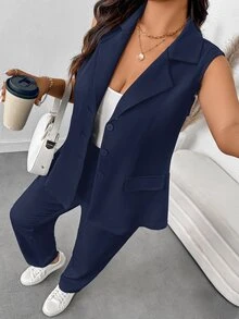 SHEIN Essnce Plus Size Women's Suit, Casual Business Black Two Pieces, Summer Outfits For Women Woman, Set In Fall/Winter - Navy Blue - View 6