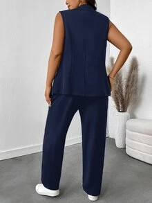 SHEIN Essnce Plus Size Women's Suit, Casual Business Black Two Pieces, Summer Outfits For Women Woman, Set In Fall/Winter - Navy Blue - View 2