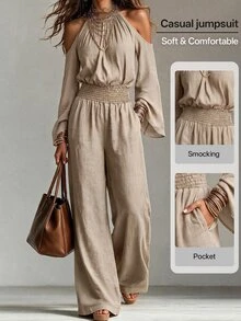 Omancia Women's Solid Color Ruched Cold Shoulder Casual Daily Wear Jumpsuit Fall/Winter - Khaki - View 5