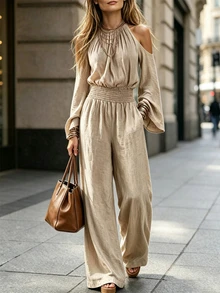 Omancia Women's Solid Color Ruched Cold Shoulder Casual Daily Wear Jumpsuit Fall/Winter - Khaki - View 4