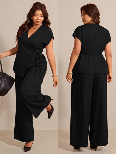 Elaquor Plus Size Women's Casual Decent Office Formal Commute Solid Color Wrap Tie Blouse And Wide Leg Pants Suit Set Suitable For Spring Summer Autumn Black