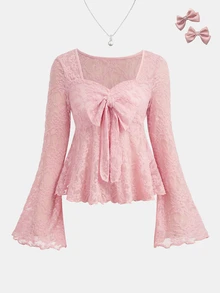 Girlism Tween Girl Bowknot Lace Flared Sleeve Tee For Autumn, Suitable For Daily Back To School Wear - Pink - View 3