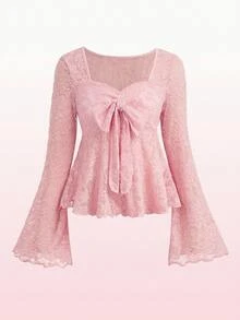 Girlism Tween Girl Bowknot Lace Flared Sleeve Tee For Autumn, Suitable For Daily Back To School Wear - Pink - View 4