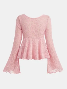 Girlism Tween Girl Bowknot Lace Flared Sleeve Tee For Autumn, Suitable For Daily Back To School Wear - Pink - View 2