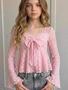 Girlism Tween Girl Bowknot Lace Flared Sleeve Tee For Autumn, Suitable For Daily Back To School Wear - Pink - View 1