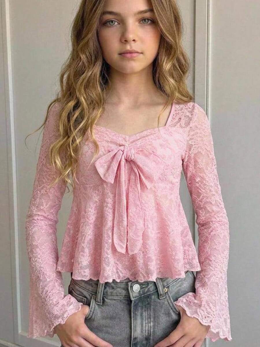 Girlism Tween Girl Bowknot Lace Flared Sleeve Tee For Autumn, Suitable For Daily Back To School Wear - Pink - View 1
