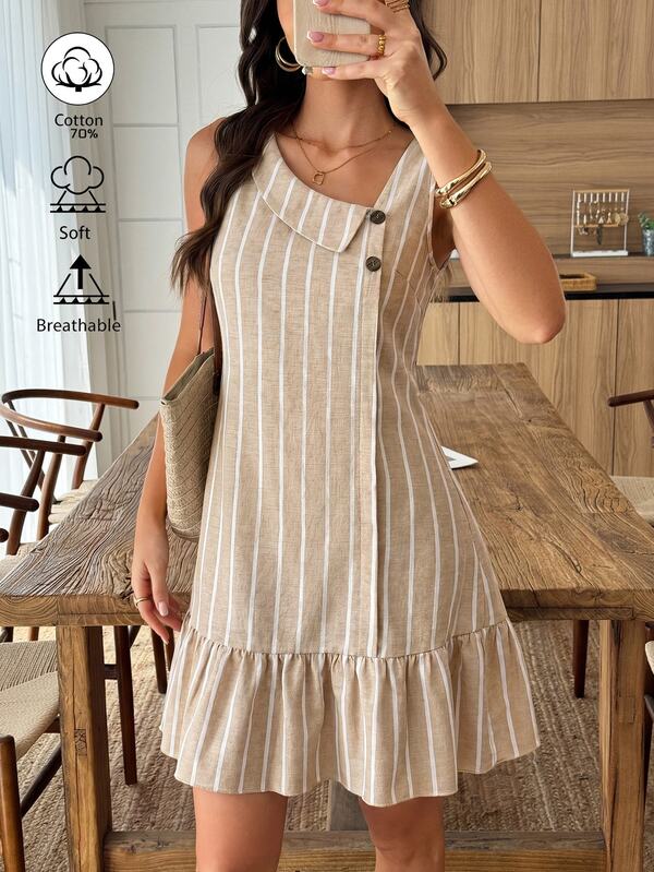 Louniche Vestido de verano casual para mujer con cuello asimétrico y decoración de botones, adecuado para uso diario y vacaciones, color blanco