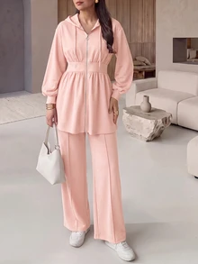 Modelyn Burgundy Slimming Zip-Up Hooded Casual Long Sleeve Jacket & Pants 2 Pieces Set For Women, Autumn/Winter - Pink - View 3
