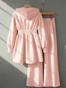 Modelyn Burgundy Slimming Zip-Up Hooded Casual Long Sleeve Jacket & Pants 2 Pieces Set For Women, Autumn/Winter - Pink - View 2