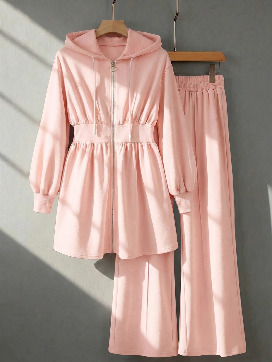 Modelyn Burgundy Slimming Zip-Up Hooded Casual Long Sleeve Jacket & Pants 2 Pieces Set For Women, Autumn/Winter - Pink - View 1