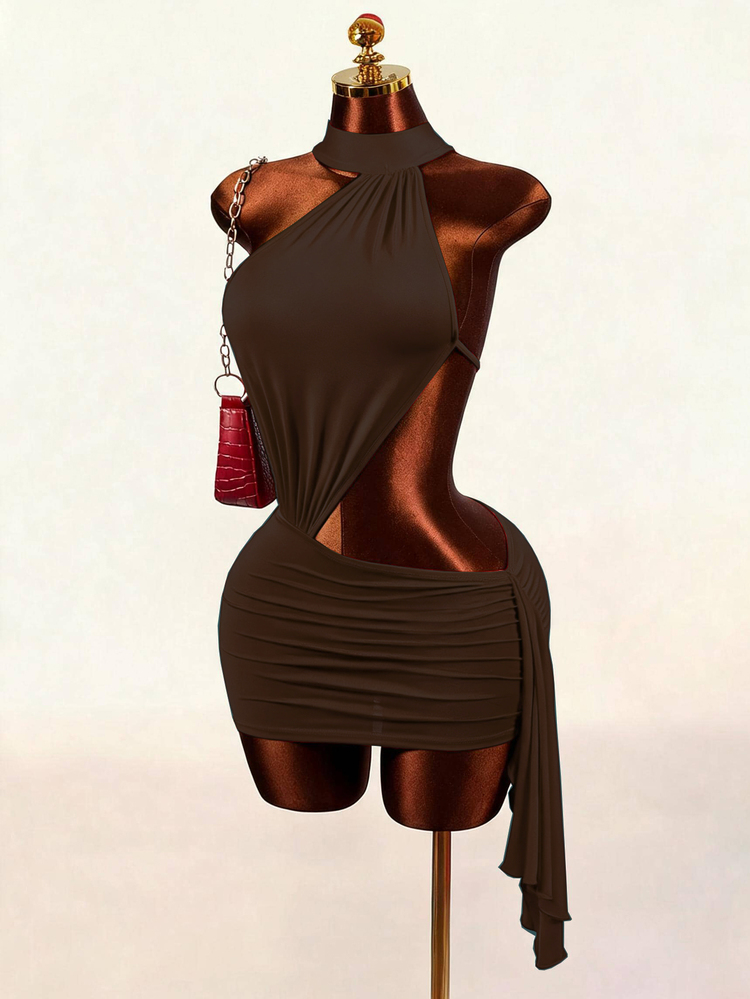 Mistrie Women's Pleated Sexy Cutout Ribbon Halter Neck Dress - Brown - View 3