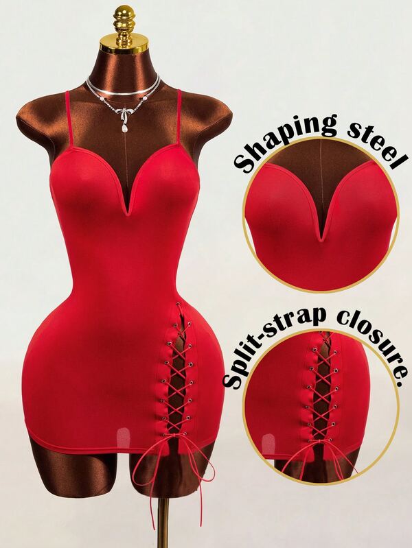 Mistrie Women's Clothing, Sexy, Steel Bra-Support Corset, Deep V-Neck, High-Split, Strappy Mini Dress