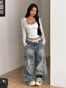 Coolane 女款秋冬街頭風休閒日常穿著 Y2K 彈性對比蕾絲蝴蝶結白色胸衣方領長袖T恤 - 白色 - 查看 2