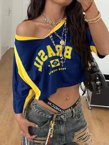 Coolane 女士夏季巴西狂欢节街头服饰 Y2K 外出运动装巴西图案拼布短款 T 恤 - 藏蓝色 - 查看 1