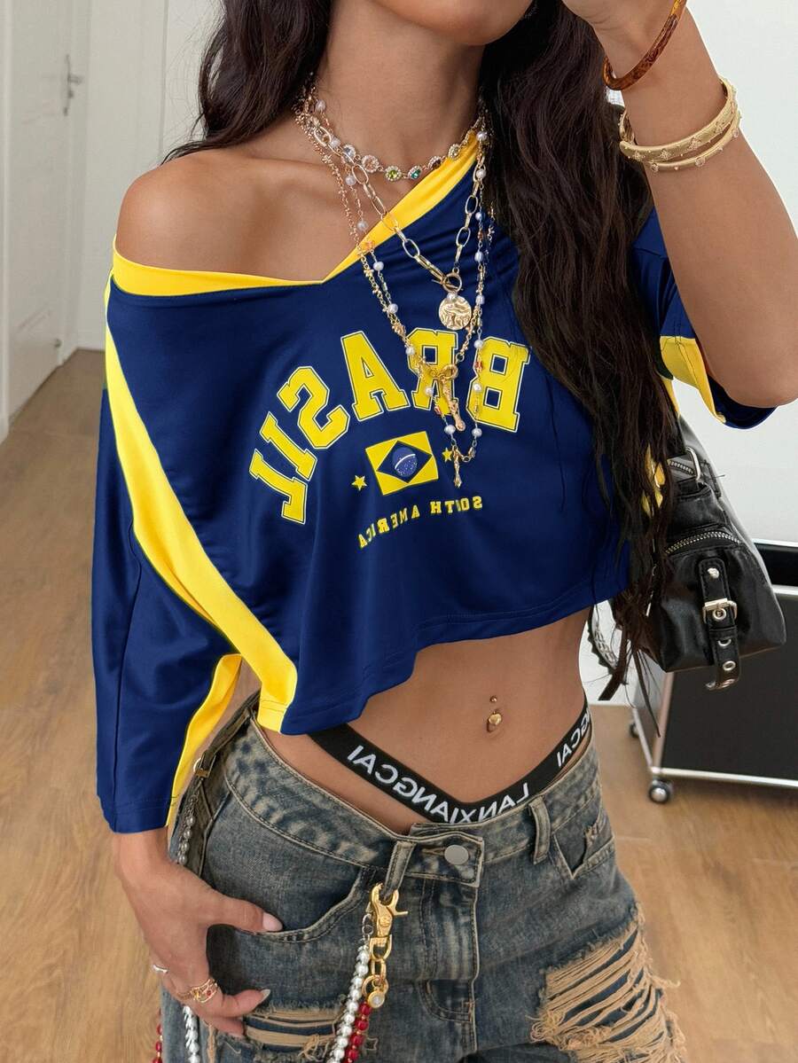 Coolane 女士夏季巴西狂欢节街头服饰 Y2K 外出运动装巴西图案拼布短款 T 恤 - 藏蓝色 - 查看 1