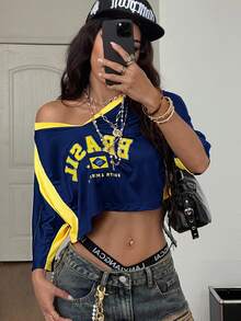 Coolane 女士夏季巴西狂欢节街头服饰 Y2K 外出运动装巴西图案拼布短款 T 恤 - 藏蓝色 - 查看 3
