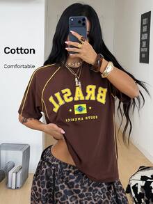 Coolane 女士街头风 Y2K 酷炫活动字母印花撞色短袖黑色 T 恤 - 咖啡棕 - 查看 6
