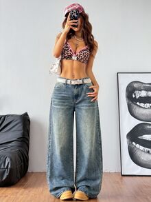 Coolane Women's Casual Washed Wide Leg Jeans - Medium Wash - View 4