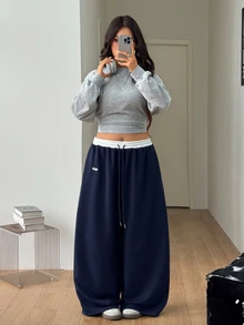 Coolane 男女款大尺碼秋冬街頭風休閒健身寬鬆中腰寬腿彈性腰帶海軍藍保暖運動長褲 - 藏蓝色 - 查看 3