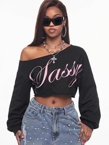 Vadaroq Women's Fall/Winter Streetwear Going Out Asymmetrical Shoulder Letter Print Cropped Black And Pink Sweatshirt - Black - View 3
