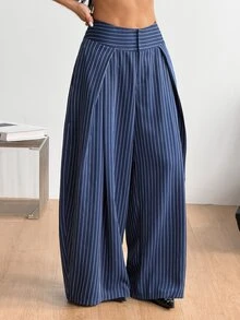 Coolane 女款秋冬酷女孩日常穿著復古休閒街頭風外出大廓形棕色圓弧下擺長褲 條紋藍色工裝褲 - 藏蓝色 - 查看 7