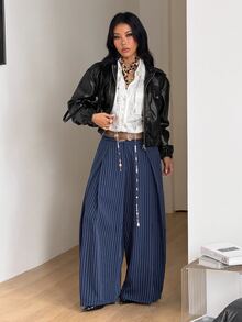 Coolane 女款秋冬酷女孩日常穿著復古休閒街頭風外出大廓形棕色圓弧下擺長褲 條紋藍色工裝褲 - 藏蓝色 - 查看 9