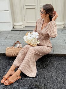 Serisse 女款 V 領藍白條紋休閒優雅日常長袖連身褲，適合秋季外出、早午餐與度假穿搭 - 棕色 - 查看 5